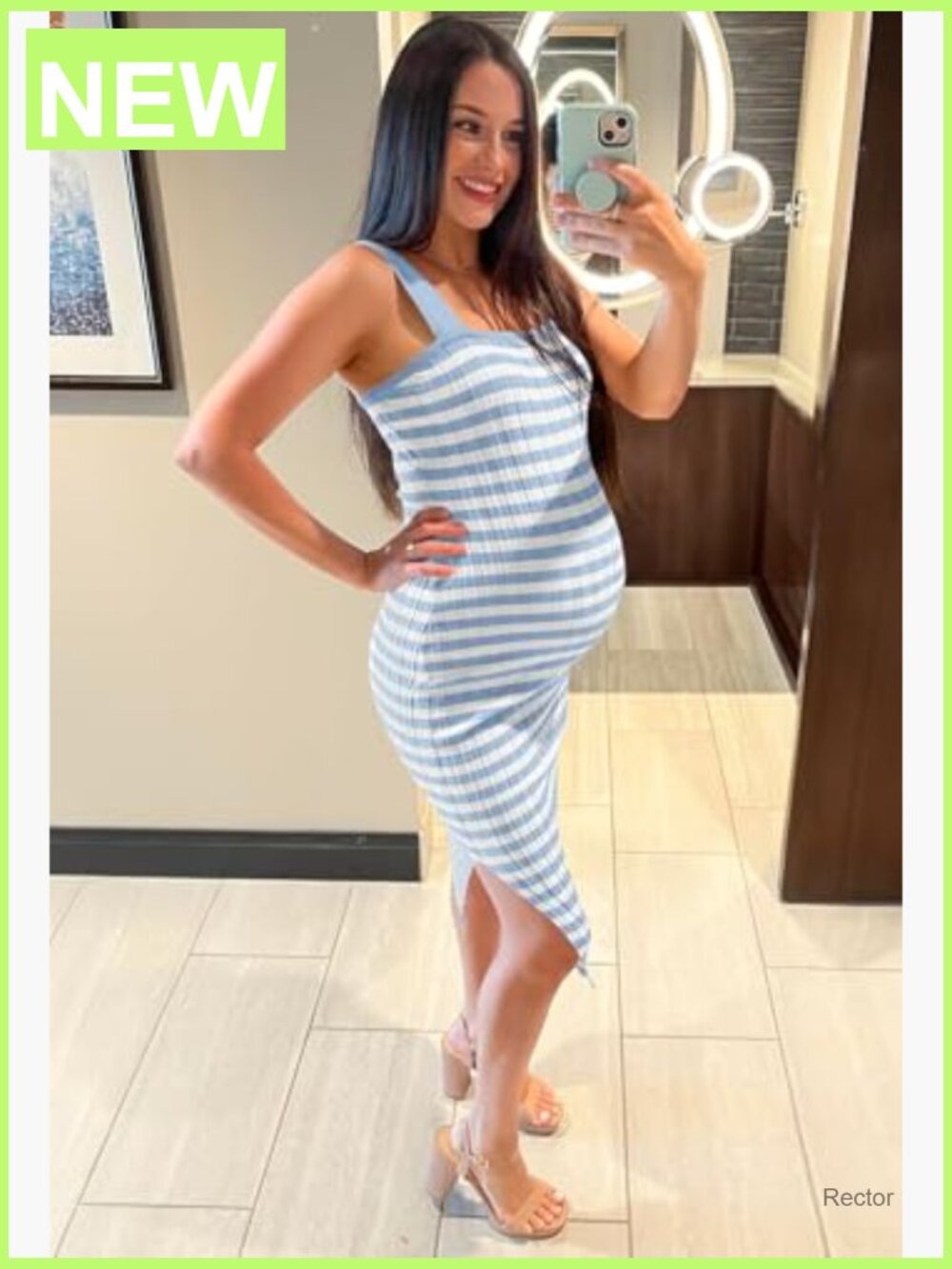 Sleeveless Ribbed Knit Bodycon Midi Dress Square Neck Side Slit - Picture 4 of 7